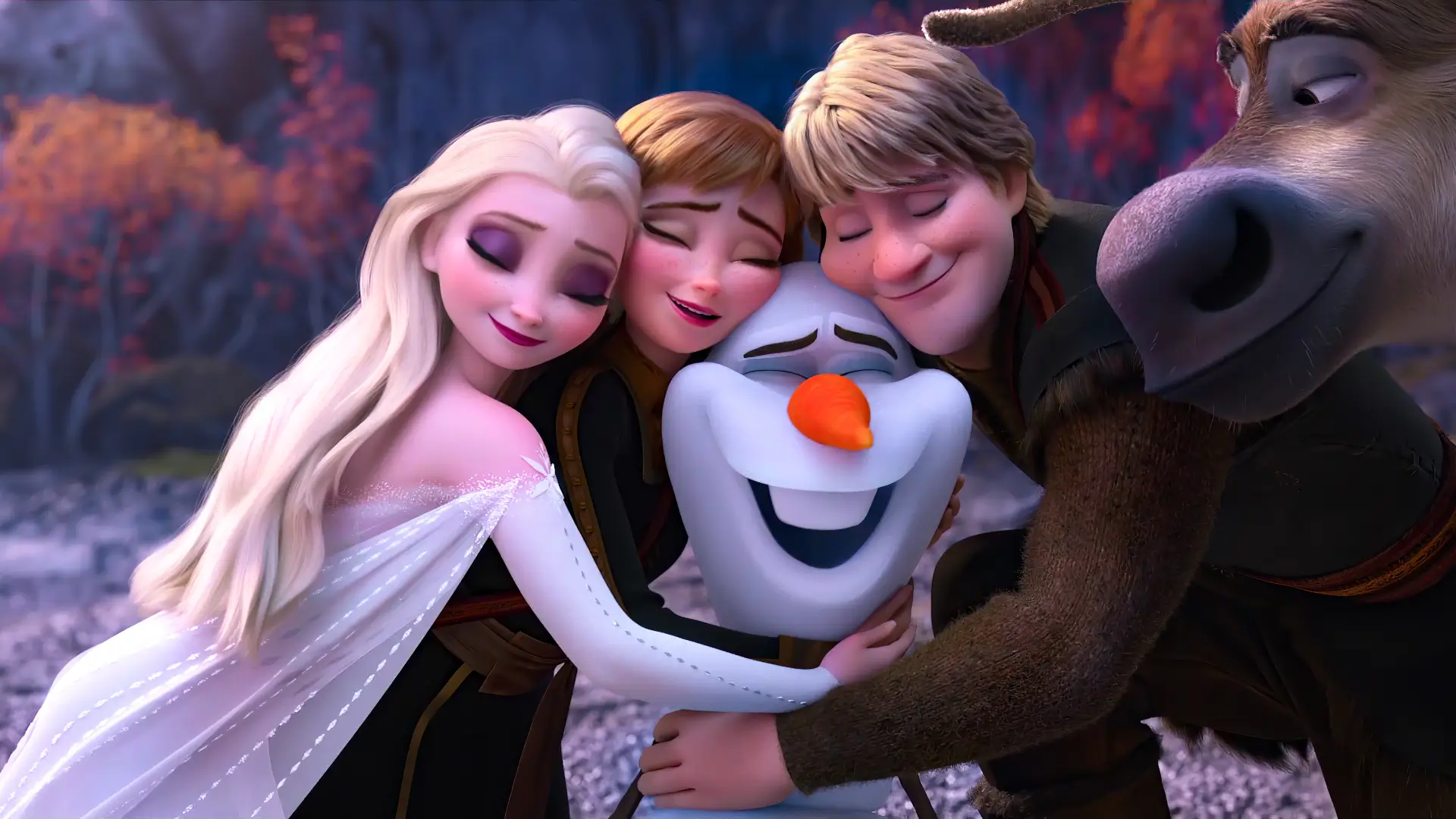 frozen cast hugging olaf