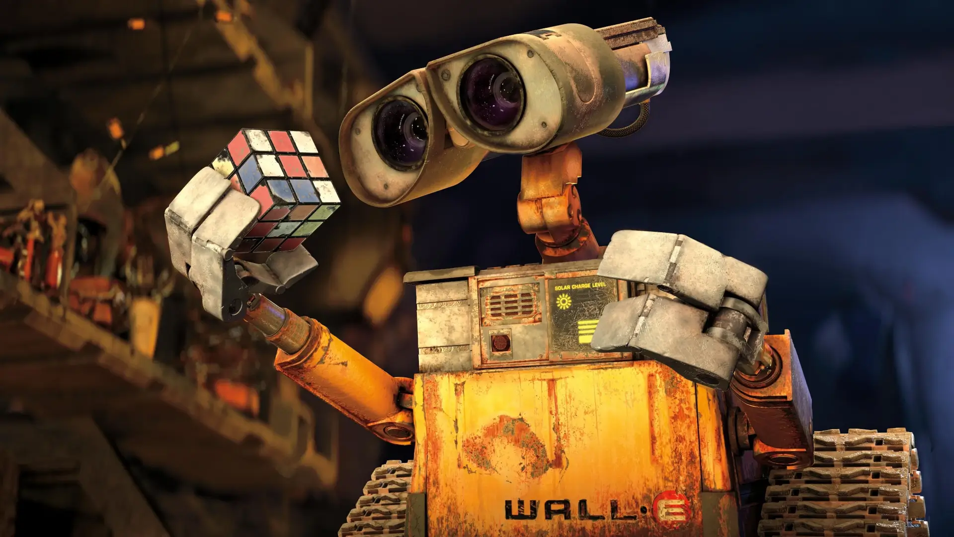 wall-e holding rubix cube