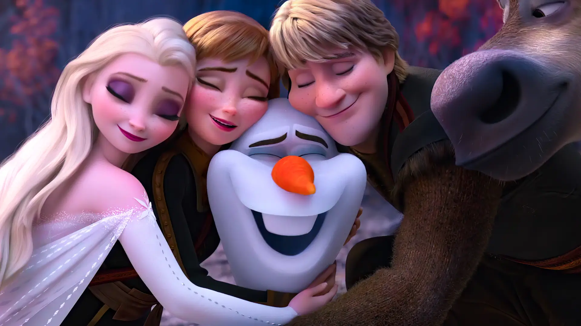 cast of frozen hugging olaf