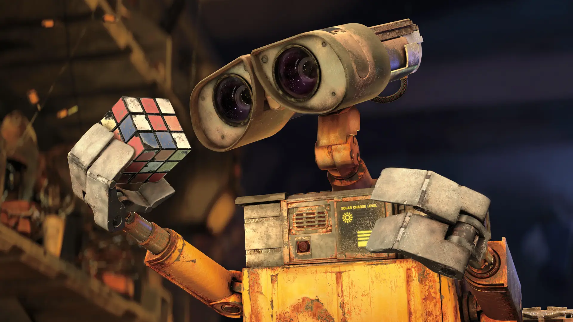 wall-e holding a rubix cube