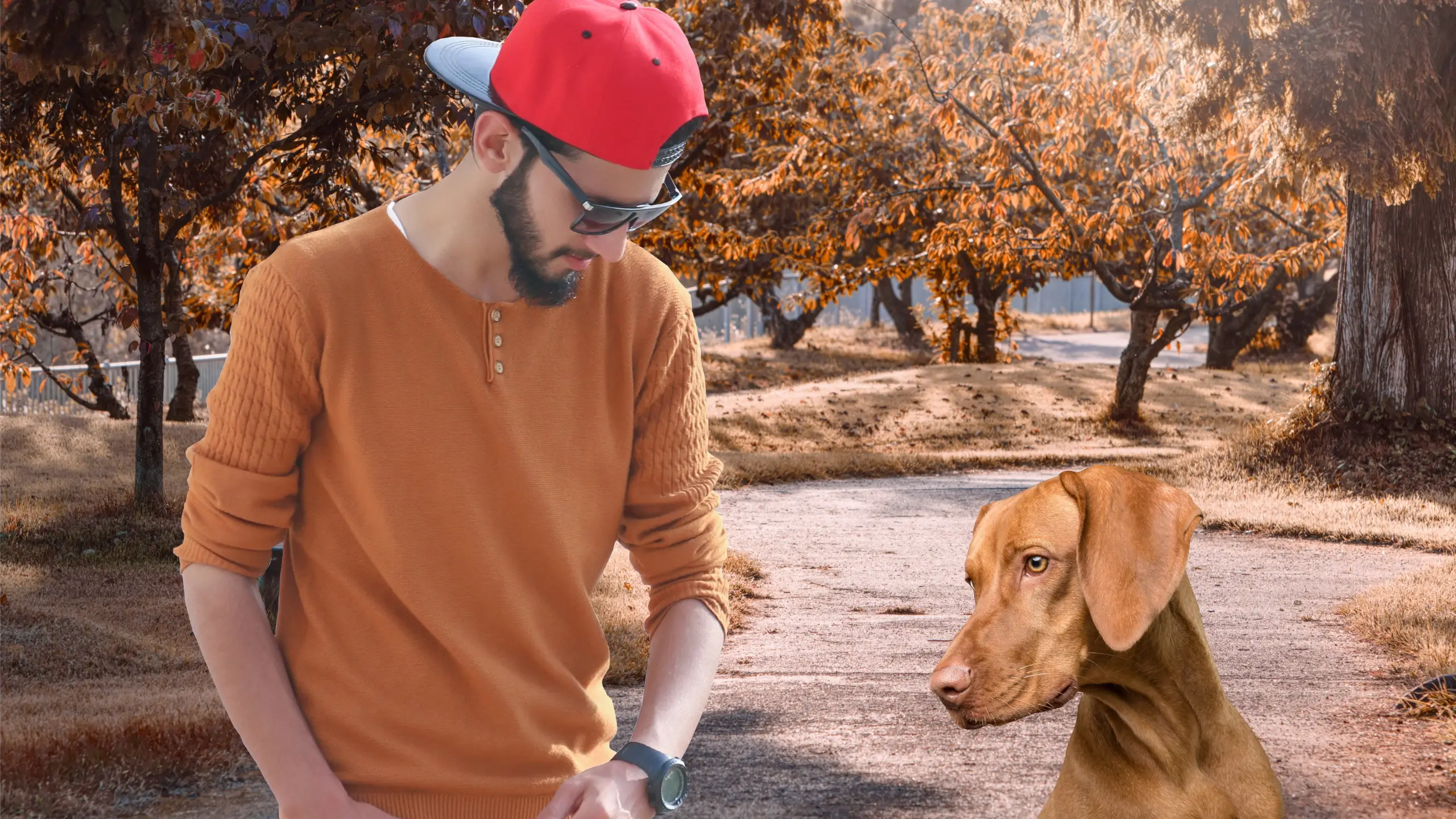 guy in park with dog in autumn