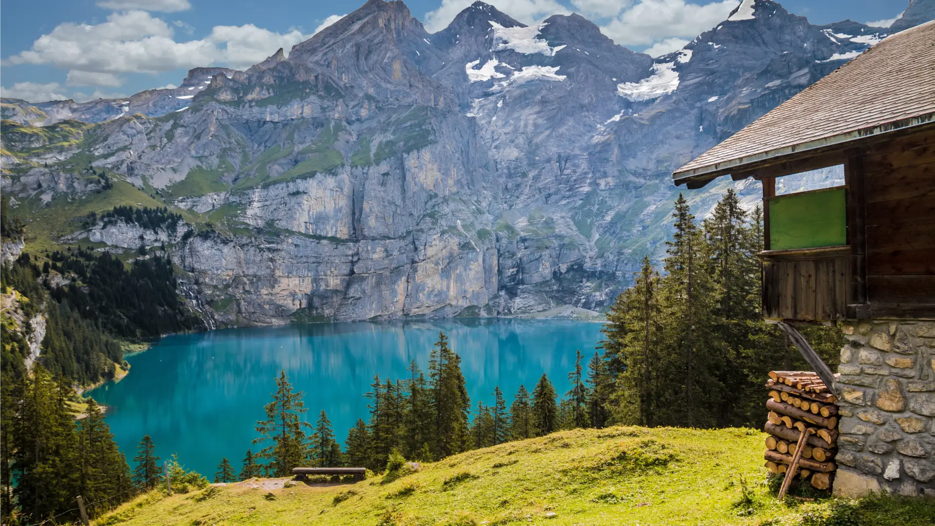 cabin facing a mountain